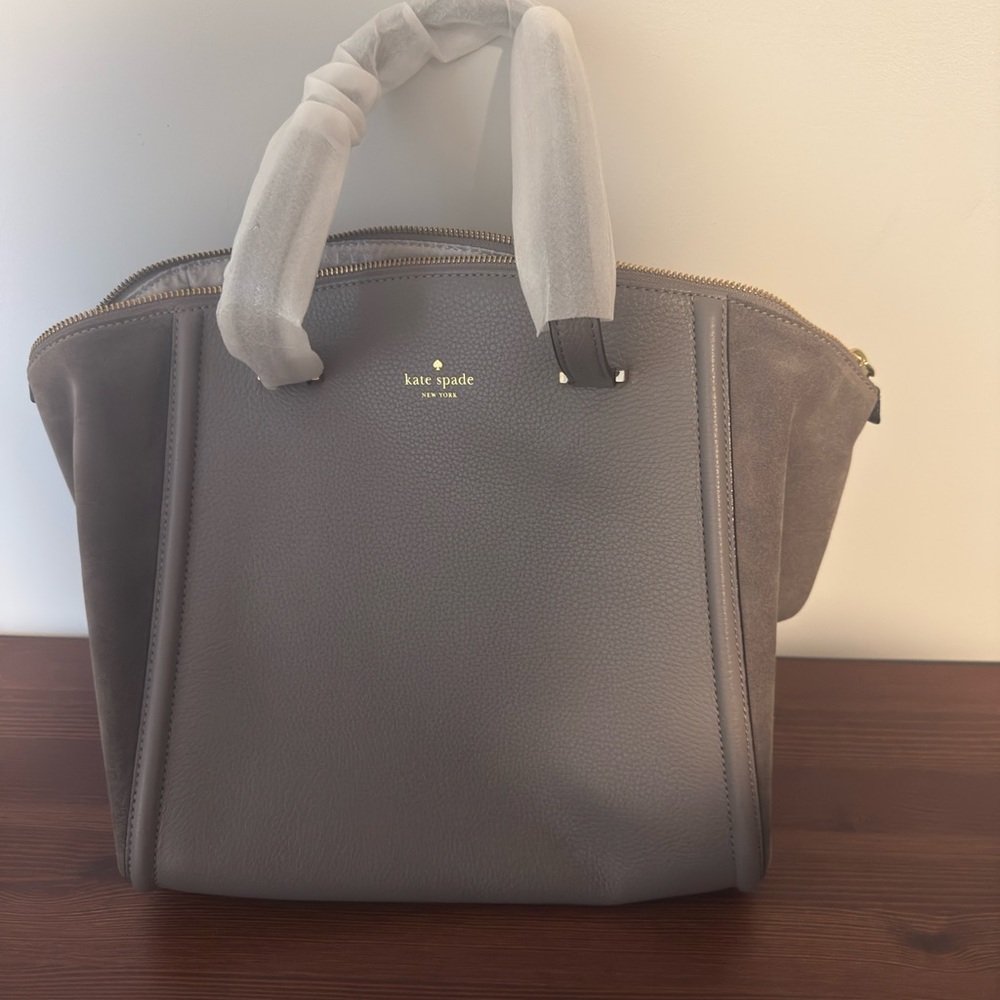 kate spade gray leather & suede tote with gold logo